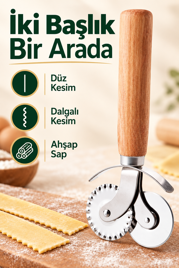 Mucit Home Ahşap Saplı Pizza Hamur Ruleti 2 in 1 Pizza Hamur Pide Kesme | Çift Taraflı Kesici