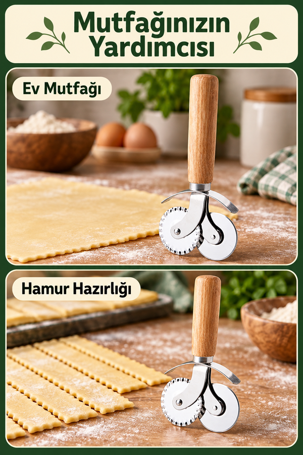 Mucit Home Ahşap Saplı Pizza Hamur Ruleti 2 in 1 Pizza Hamur Pide Kesme | Çift Taraflı Kesici