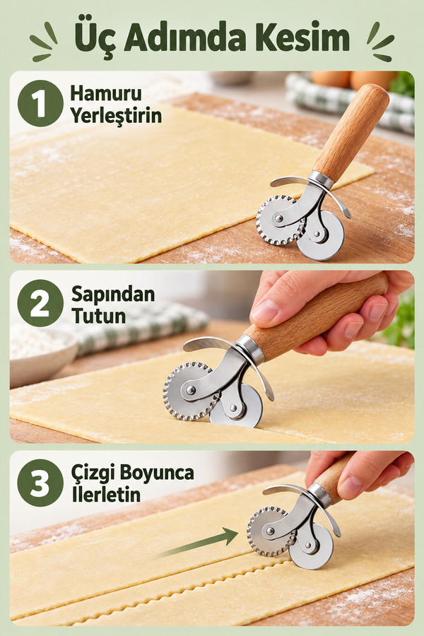 Mucit Home Ahşap Saplı Pizza Hamur Ruleti 2 in 1 Pizza Hamur Pide Kesme | Çift Taraflı Kesici