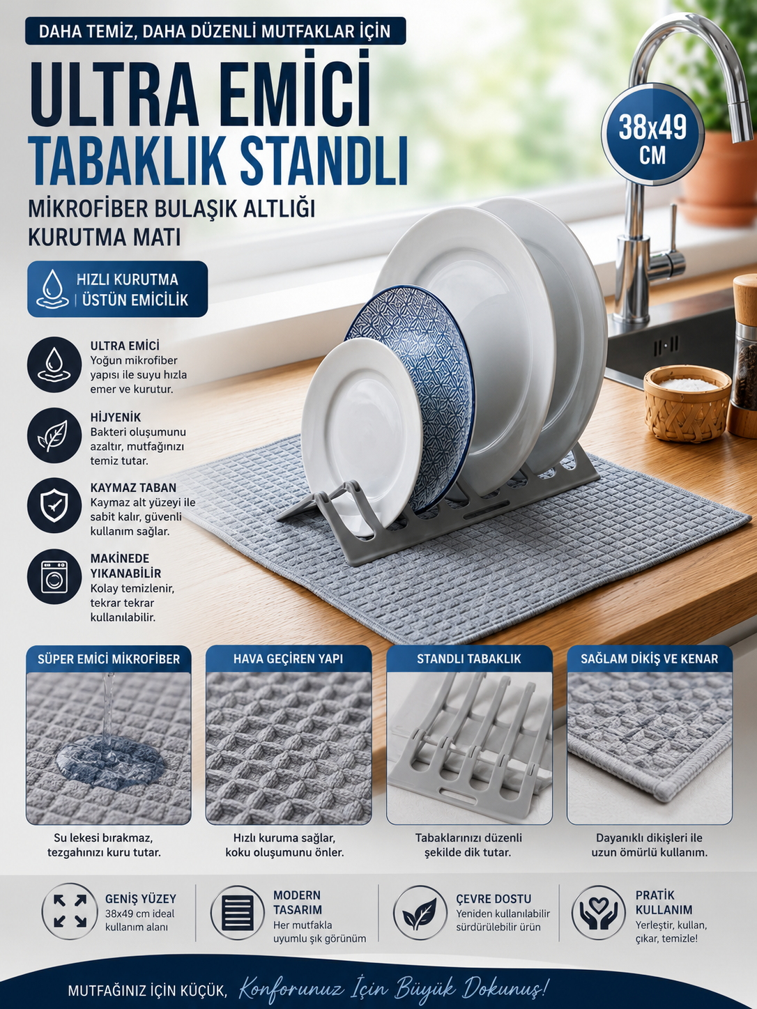 Mucit Home Ultra Emici Tabaklık Standlı Mikrofiber Bulaşık Altlığı Bezi Kurutma Matı  38*49 cm