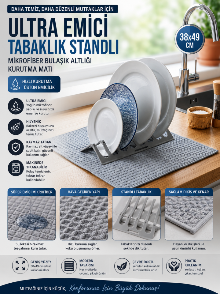 Mucit Home Ultra Emici Tabaklık Standlı Mikrofiber Bulaşık Altlığı Bezi Kurutma Matı  38*49 cm
