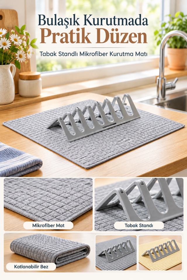 Mucit Home Ultra Emici Tabaklık Standlı Mikrofiber Bulaşık Altlığı Bezi Kurutma Matı  38*49 cm