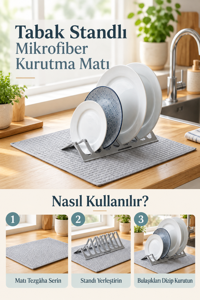 Mucit Home Ultra Emici Tabaklık Standlı Mikrofiber Bulaşık Altlığı Bezi Kurutma Matı  38*49 cm