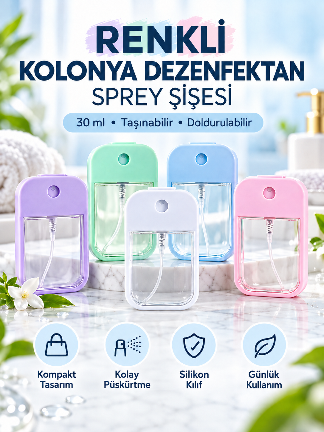 Mucit Home 1 Adet Renkli Dezenfektan Kolonya Çantaya Atmalık Sprey Şişesi