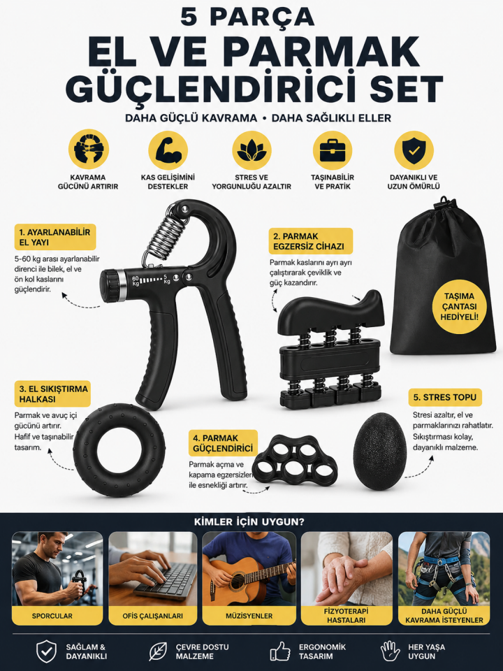 Mucit Home 5 parça El ve Parmak Güçlendirici Set Ayarlanabilir El Yayı Parmak Egzersiz Stres Topu