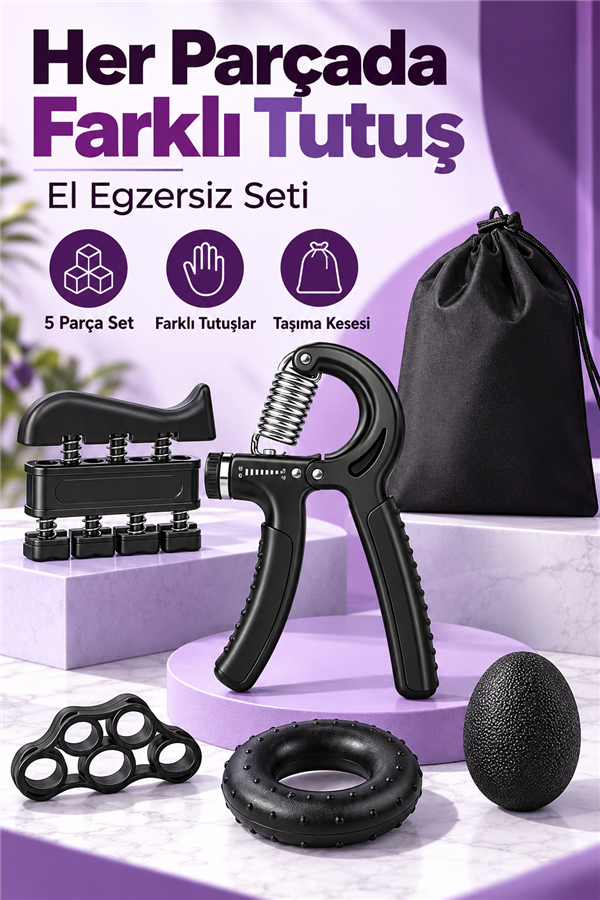 Mucit Home 5 parça El ve Parmak Güçlendirici Set Ayarlanabilir El Yayı Parmak Egzersiz Stres Topu