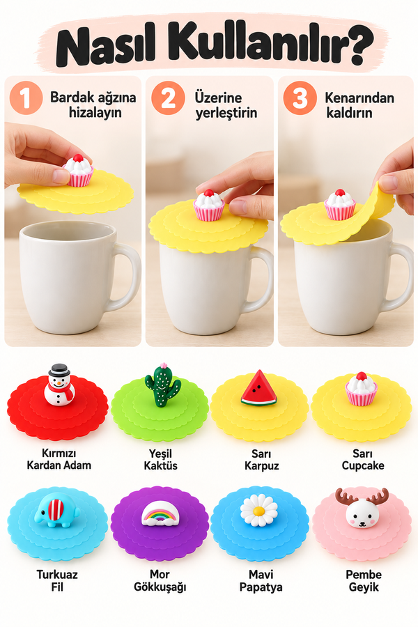 Mucit Home 2 adet Silikon Isı Koruyucu Bardak Kapağı Sıcak Tutan Silikon Kapak Kupa Bardak