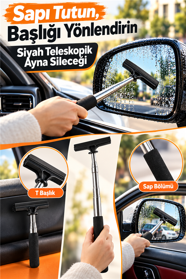 Mucit Home Siyah Teleskopik Araba Cam Sileceği Yan Dikiz Aynası Çekeceği Araç Ayna Çekecek 1 m Uzayabilir