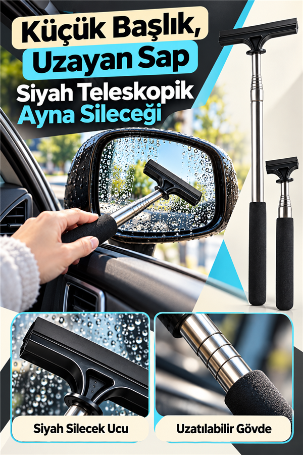 Mucit Home Siyah Teleskopik Araba Cam Sileceği Yan Dikiz Aynası Çekeceği Araç Ayna Çekecek 1 m Uzayabilir
