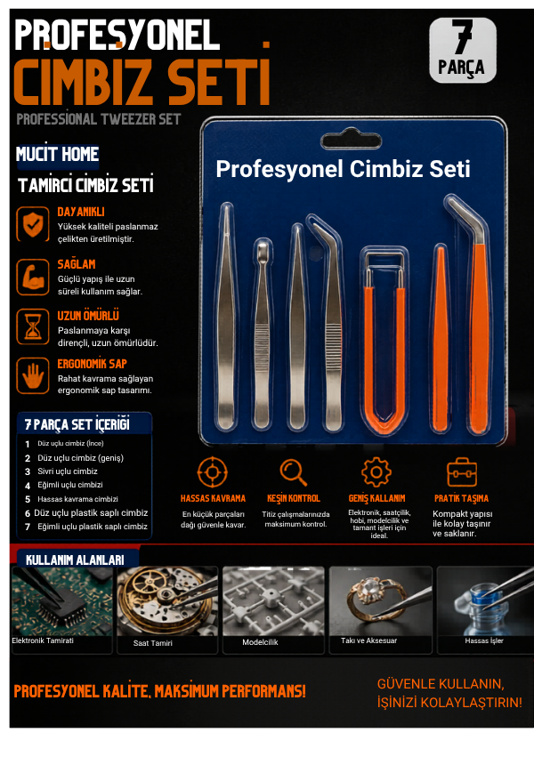 Mucit Home Cımbız Seti 7 Parça Profesyonel Tamirci Cımbız Seti Paslanmaz Çelik Hassas El Aleti Seti