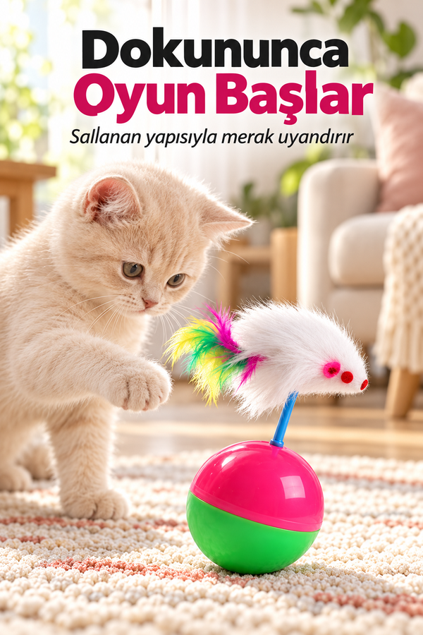 Mucit Home   Hacı Yatmaz Kedi Oyuncağı, Tüylü Fareli Kedi Topu