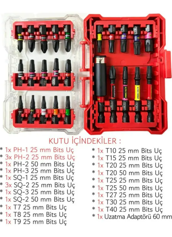 Mucit Home Kırmızı 25 Parça Bits Uç Somun Adaptörü ve Uzatma Adaptörlü Set Özel Kutulu