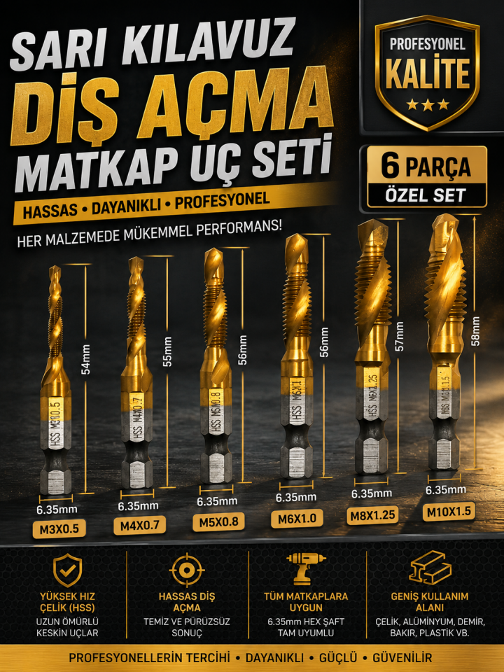 Mucit Home 6 Parça Sarı Klavuz  Diş Açma Kılavuz Matkap Uç Seti Ahşap Alüminyum Plastik Delme