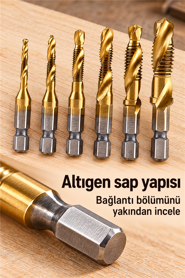 Mucit Home 6 Parça Sarı Klavuz  Diş Açma Kılavuz Matkap Uç Seti Ahşap Alüminyum Plastik Delme