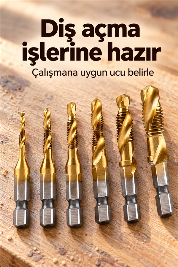 Mucit Home 6 Parça Sarı Klavuz  Diş Açma Kılavuz Matkap Uç Seti Ahşap Alüminyum Plastik Delme