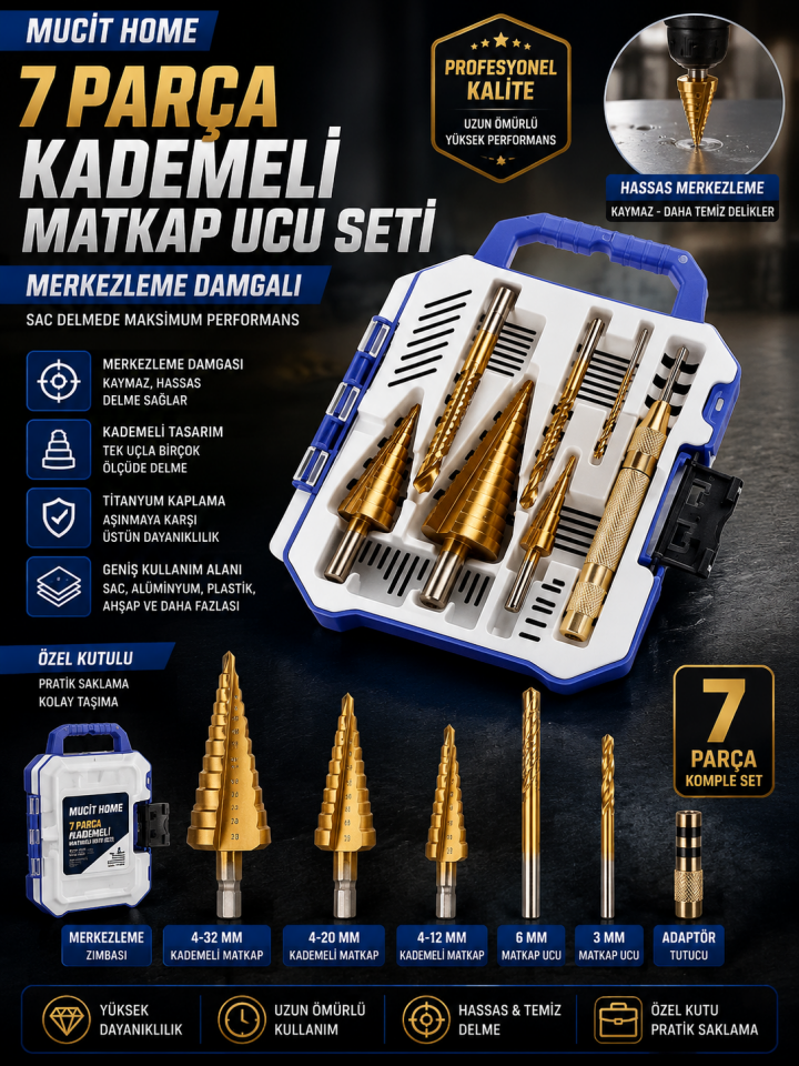 Mucit Home 7 Parça Merkezleme Damgalı Kademeli Matkap Ucu Sac Delme Seti Özel Kutulu