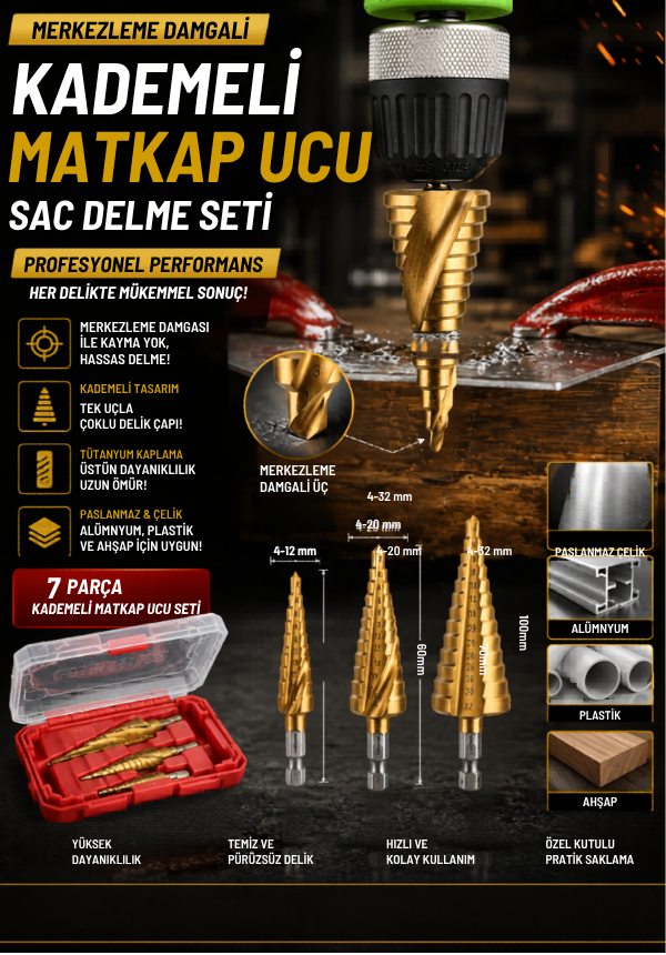 Mucit Home 7 Parça Merkezleme Damgalı Kademeli Matkap Ucu Sac Delme Seti Özel Kutulu