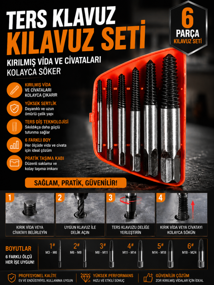 Mucit Home Ters Kılavuz Seti 6 Parça Kırılmış Vida Civata Sökme