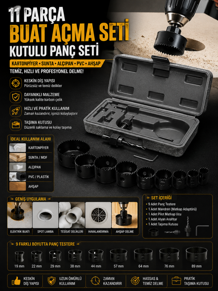 Mucit Home 11 Parça Buat Açma Seti Kutulu Panç Seti Kartonpiyer Sunta Alçıpan Delici Testere Takımı