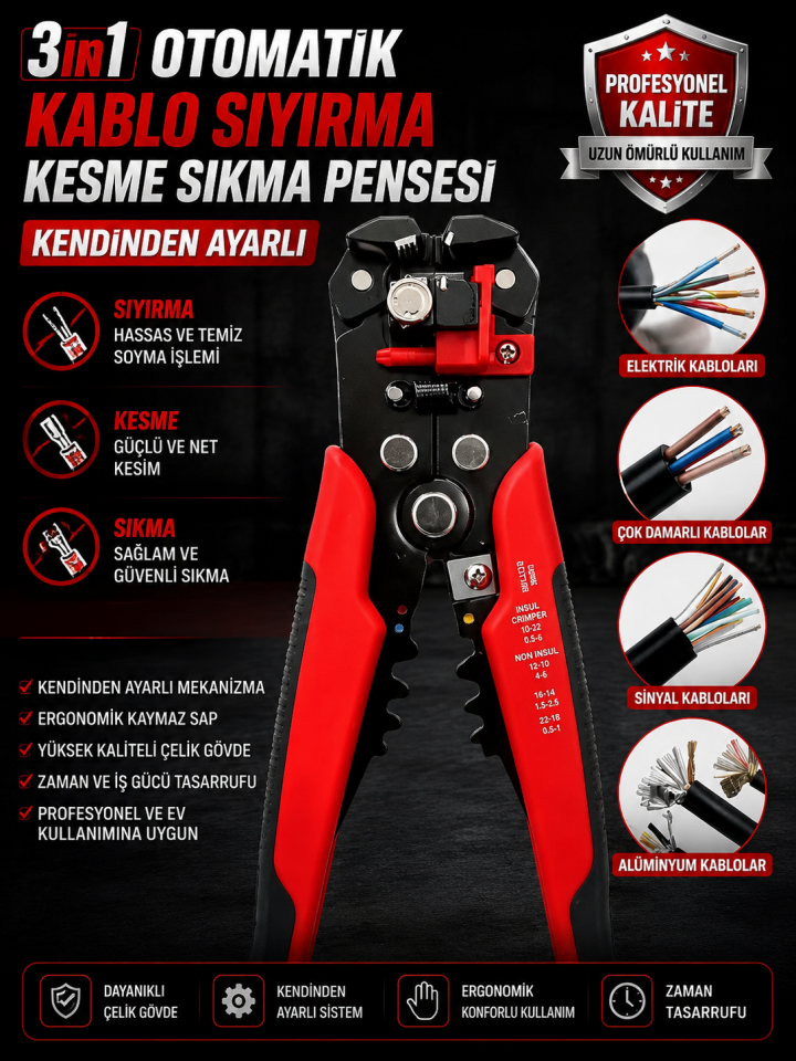 Mucit Home 3 in 1 Otomatik Kablo Sıyırma Kesme Sıkma Pensesi Kendinden Ayarlı