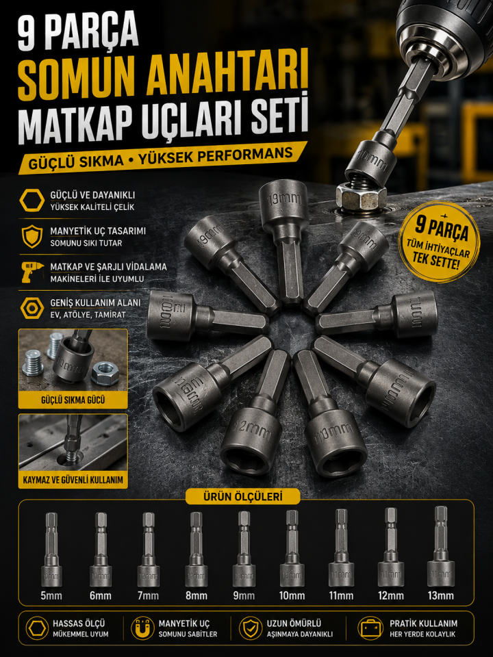 Mucit Home 9 Parça Somun Anahtarı Somun  Matkap Uçları Sıkma Seti