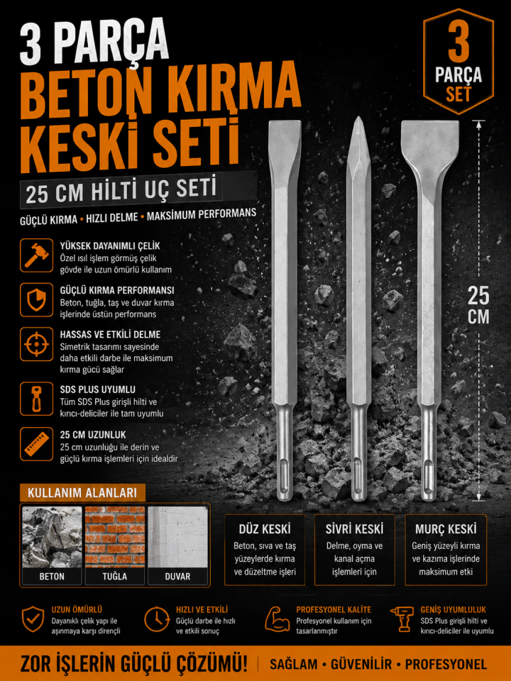 Mucit Home 3 Parça Beton Tuğla Duvar Kırma Delme Hilti Uç 25 CM Keski Murç Seti