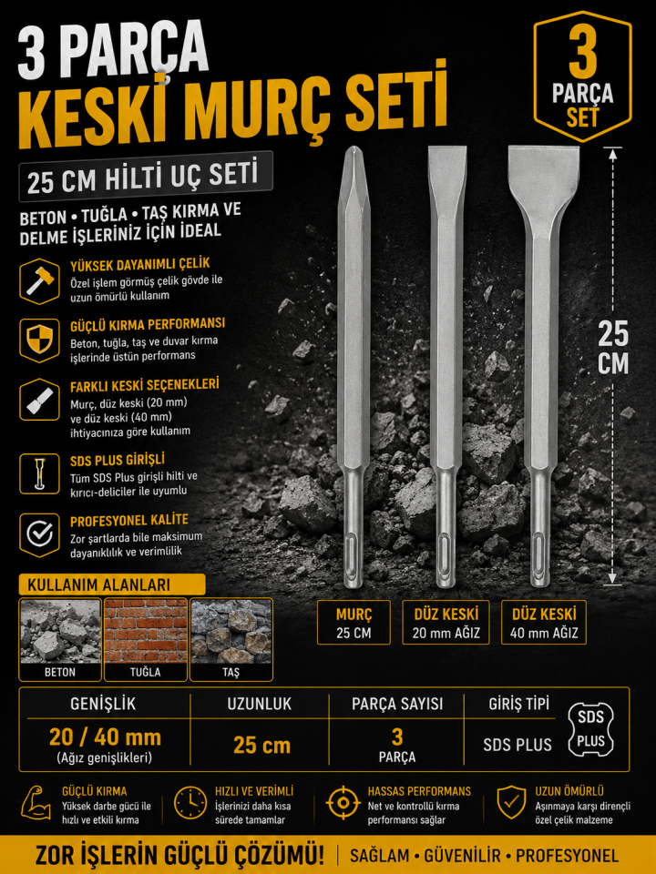 Mucit Home 3 Parça Beton Tuğla Duvar Kırma Delme Hilti Uç 25 CM Keski Murç Seti