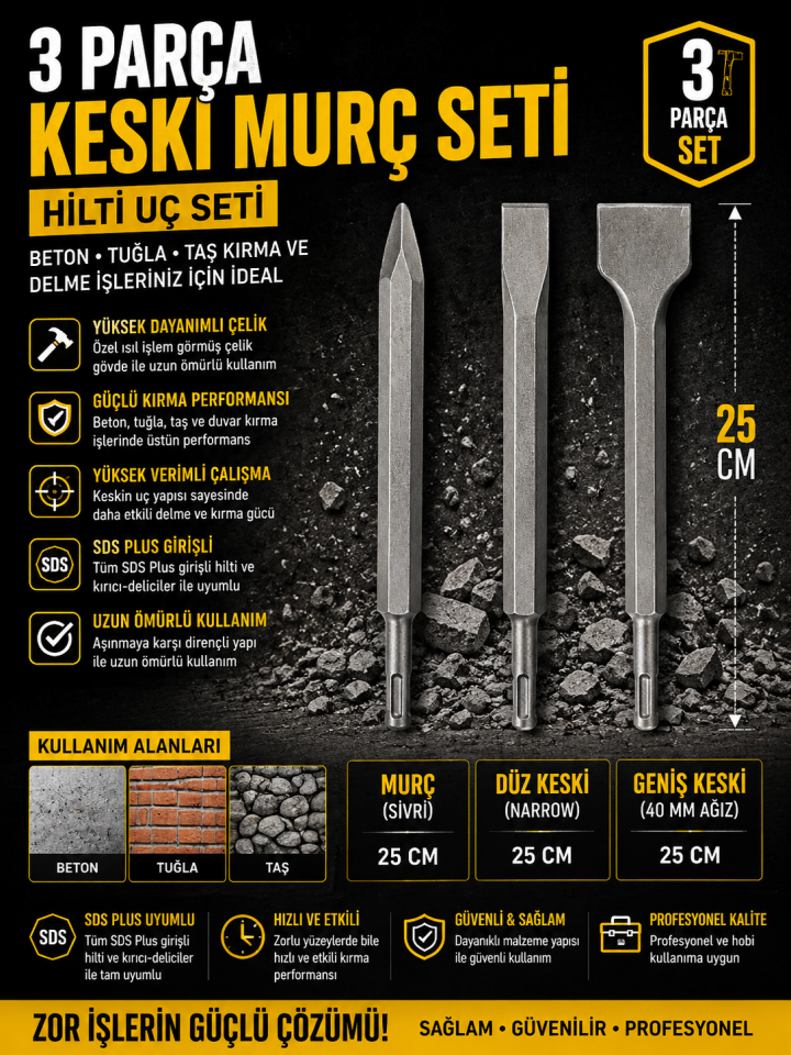 Mucit Home 3 Parça Beton Tuğla Duvar Kırma Delme Hilti Uç 25 CM Keski Murç Seti