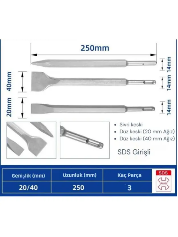 Mucit Home 3 Parça Beton Tuğla Duvar Kırma Delme Hilti Uç 25 CM Keski Murç Seti