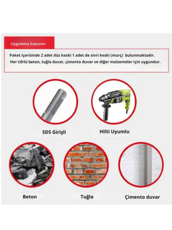 Mucit Home 3 Parça Beton Tuğla Duvar Kırma Delme Hilti Uç 25 CM Keski Murç Seti