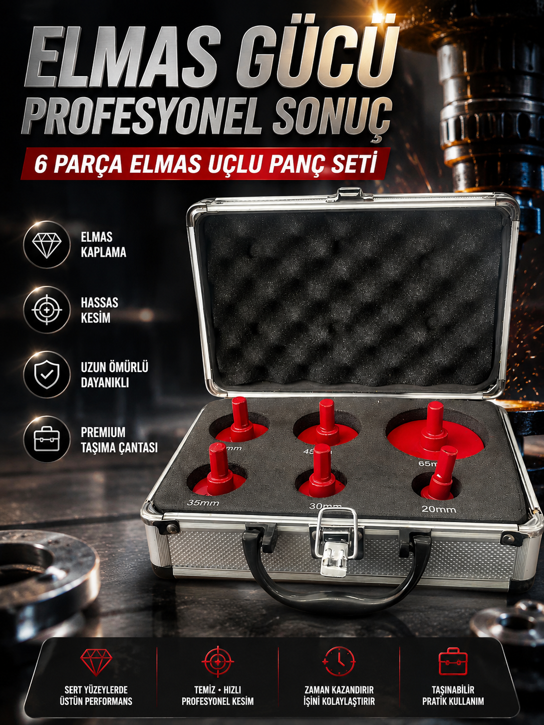 Mucit Home Pro Kutu 6 Parça Elmas Kaplı Panç Seti 20-65 mm Mermer Granit Seramik Delme Panç