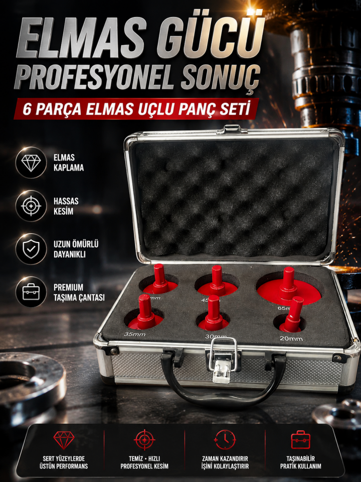 Mucit Home Pro Kutu 6 Parça Elmas Kaplı Panç Seti 20-65 mm Mermer Granit Seramik Delme Panç