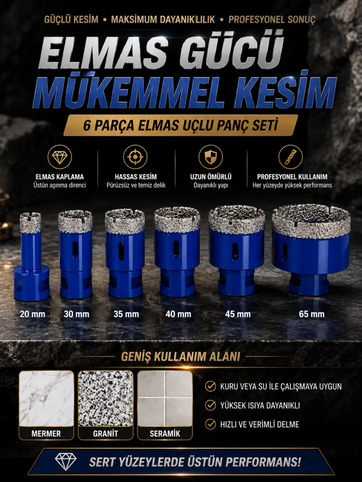 Mucit Home Pro Kutu 6 Parça Elmas Kaplı Panç Seti 20-65 mm Mermer Granit Seramik Delme Panç