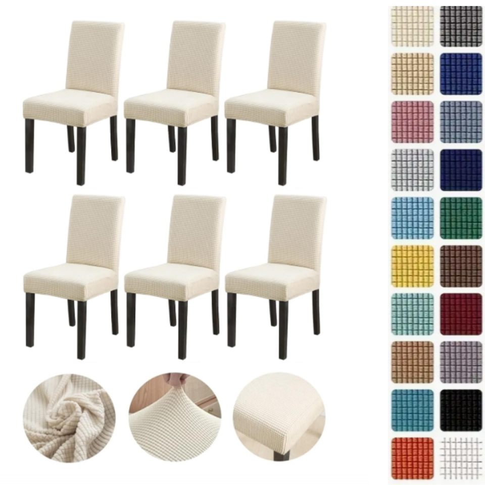 Mucit Home  Bambu Kareli Kumaş Esnek Lastikli Sandalye Kılıfı Örtüsü Likralı   sandelye kılıf Krem 6 Adet