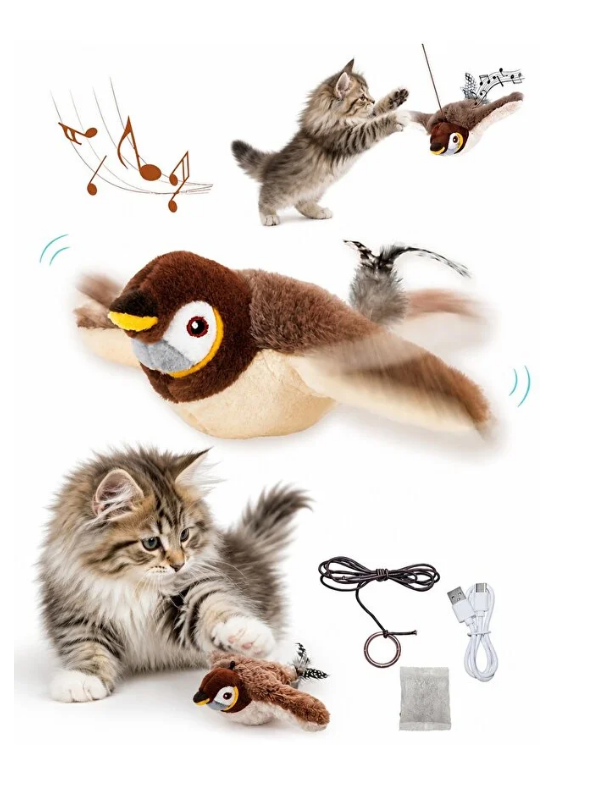 Mucit Home Şarjlı Uçan Kuş Kedi Oyuncağı Sesli & Hareketli Peluş Kedi Oyuncağı Kutulu