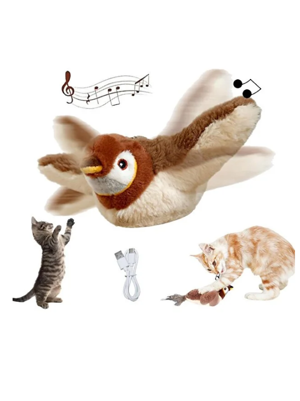 Mucit Home Şarjlı Uçan Kuş Kedi Oyuncağı Sesli & Hareketli Peluş Kedi Oyuncağı Kutulu