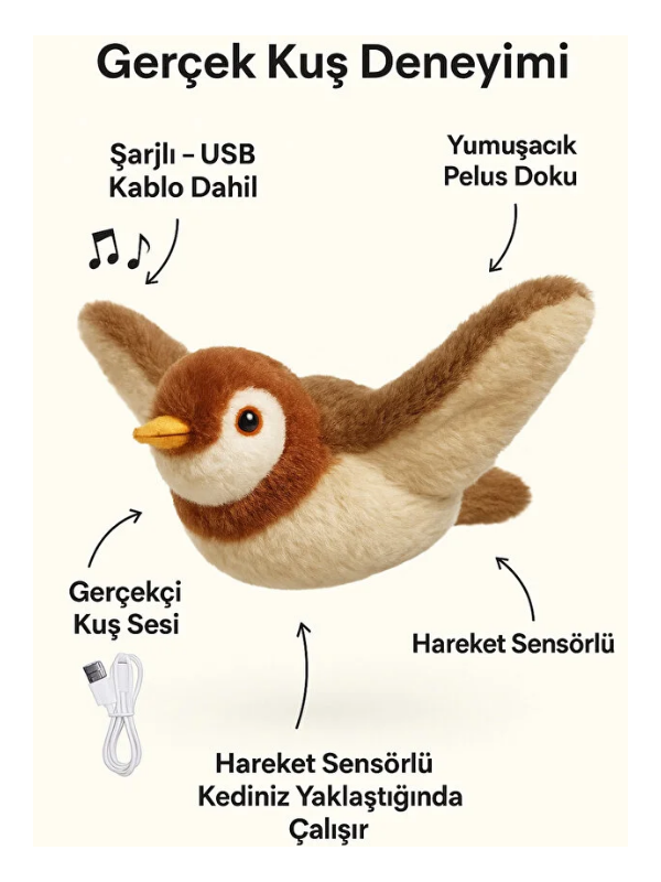 Mucit Home Şarjlı Uçan Kuş Kedi Oyuncağı Sesli & Hareketli Peluş Kedi Oyuncağı Kutulu