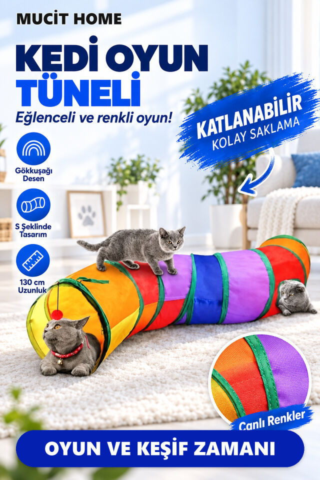 Mucit Home S Şeklinde Kıvrımlı Kedi Tüneli 130 cm Gökkuşağı Desenli