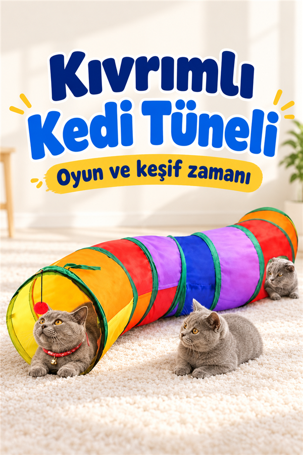 Mucit Home S Şeklinde Kıvrımlı Kedi Tüneli 130 cm Gökkuşağı Desenli