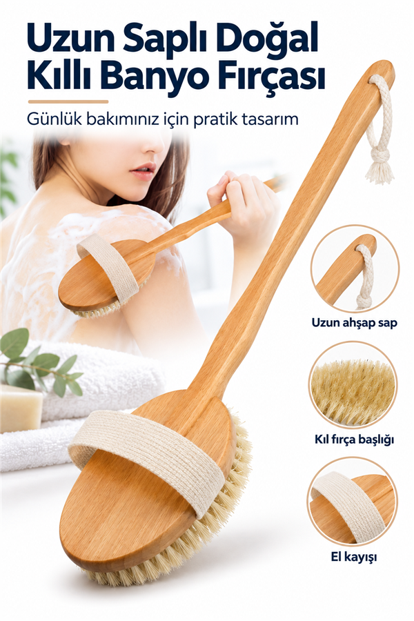 Mucit Home   Doğal At Kılı Banyo Sırt Kesesi Uzun Sökülebilir Saplı Yumuşak Fırçalı Doğal Kese Ahşap Saplı