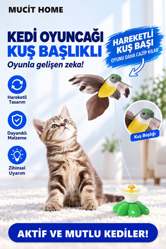 Mucit Home Kuş Başlıklı Dikkat Çekici Hareketli Dönen Pilli Kedi Oyuncağı