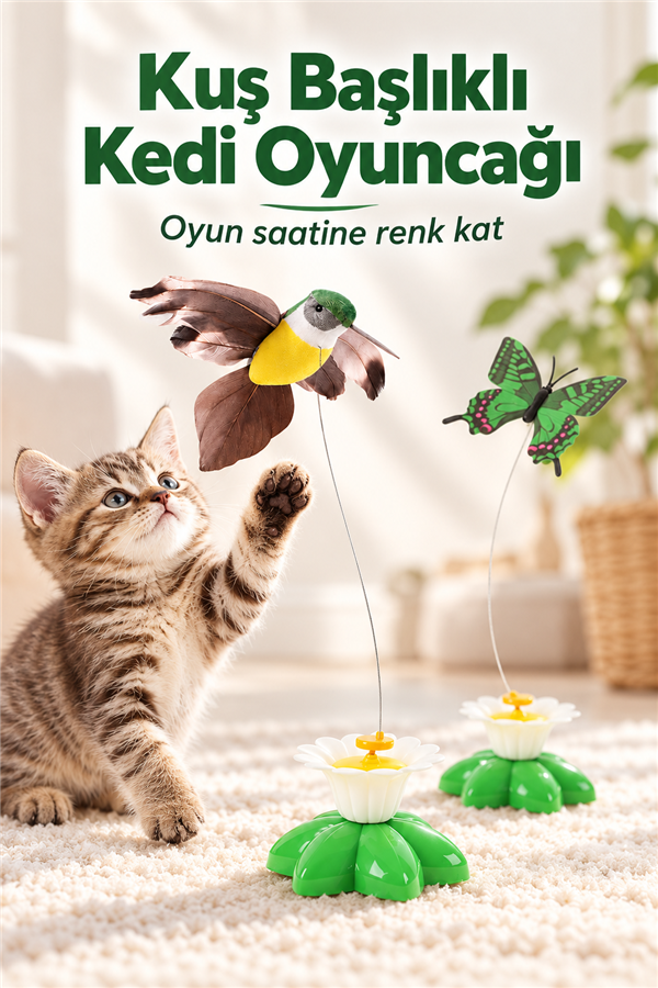 Mucit Home Kuş Başlıklı Dikkat Çekici Hareketli Dönen Pilli Kedi Oyuncağı