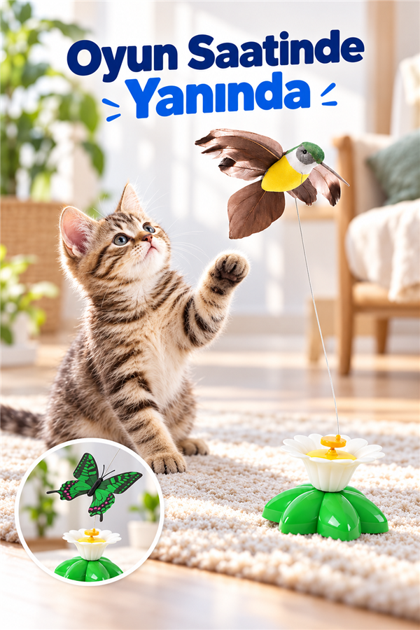 Mucit Home Kuş Başlıklı Dikkat Çekici Hareketli Dönen Pilli Kedi Oyuncağı