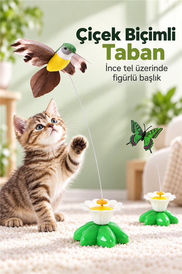 Mucit Home Kuş Başlıklı Dikkat Çekici Hareketli Dönen Pilli Kedi Oyuncağı