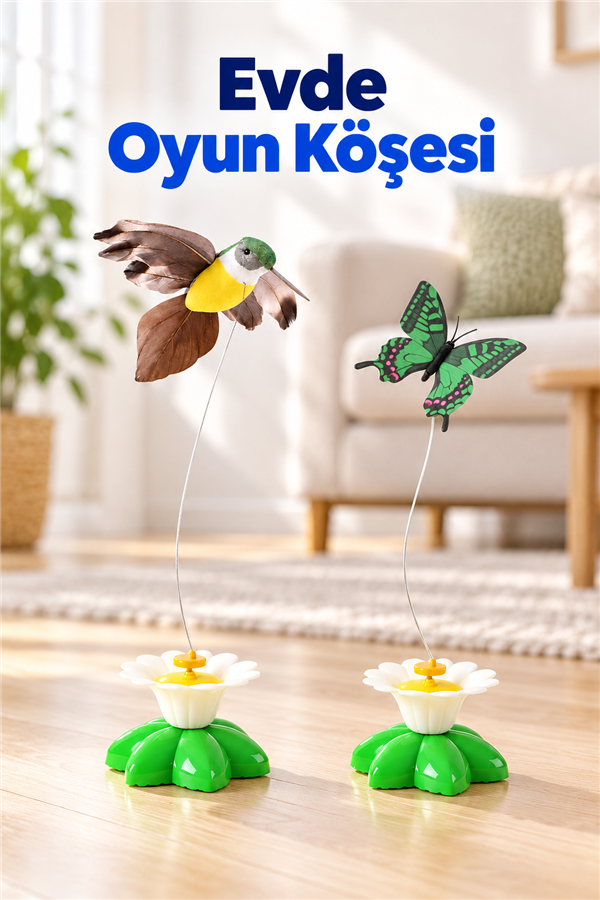 Mucit Home Kuş Başlıklı Dikkat Çekici Hareketli Dönen Pilli Kedi Oyuncağı