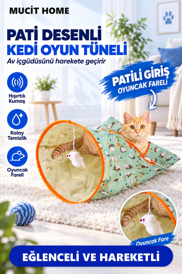 Mucit Home Pati Desenli Hışırtılı Oyun Tüneli Çadırı Fareli ve Toplu Hışırtılı Dikkat Çekici Tünel