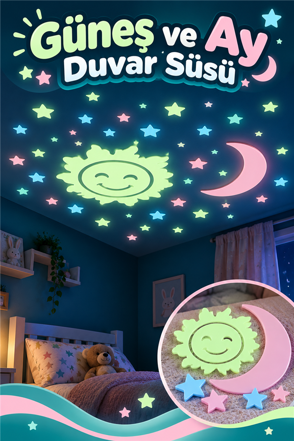 Mucit Home Güneş Ay Figürlü Renkli Yıldızlı Fosforlu Duvar Süsü Gece Parlayan