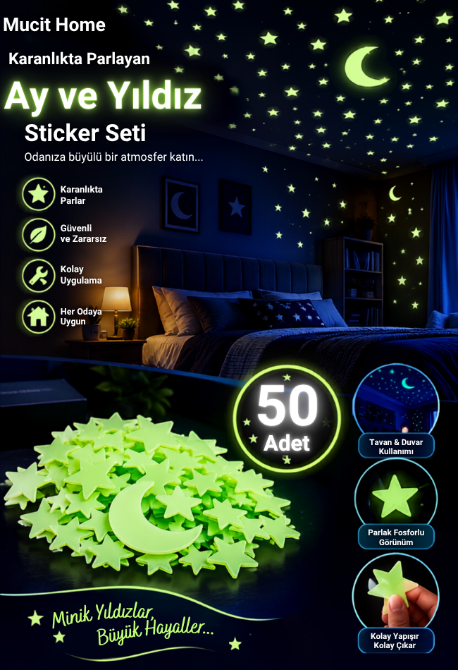 Mucit Home 50 Yıldız 1 Ay Fosforlu Duvar Süsü Renkli Yıldızlı Gece Parlayan
