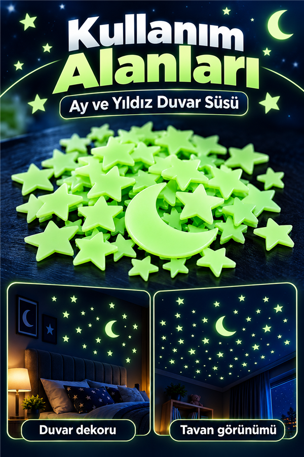 Mucit Home 50 Yıldız 1 Ay Fosforlu Duvar Süsü Renkli Yıldızlı Gece Parlayan