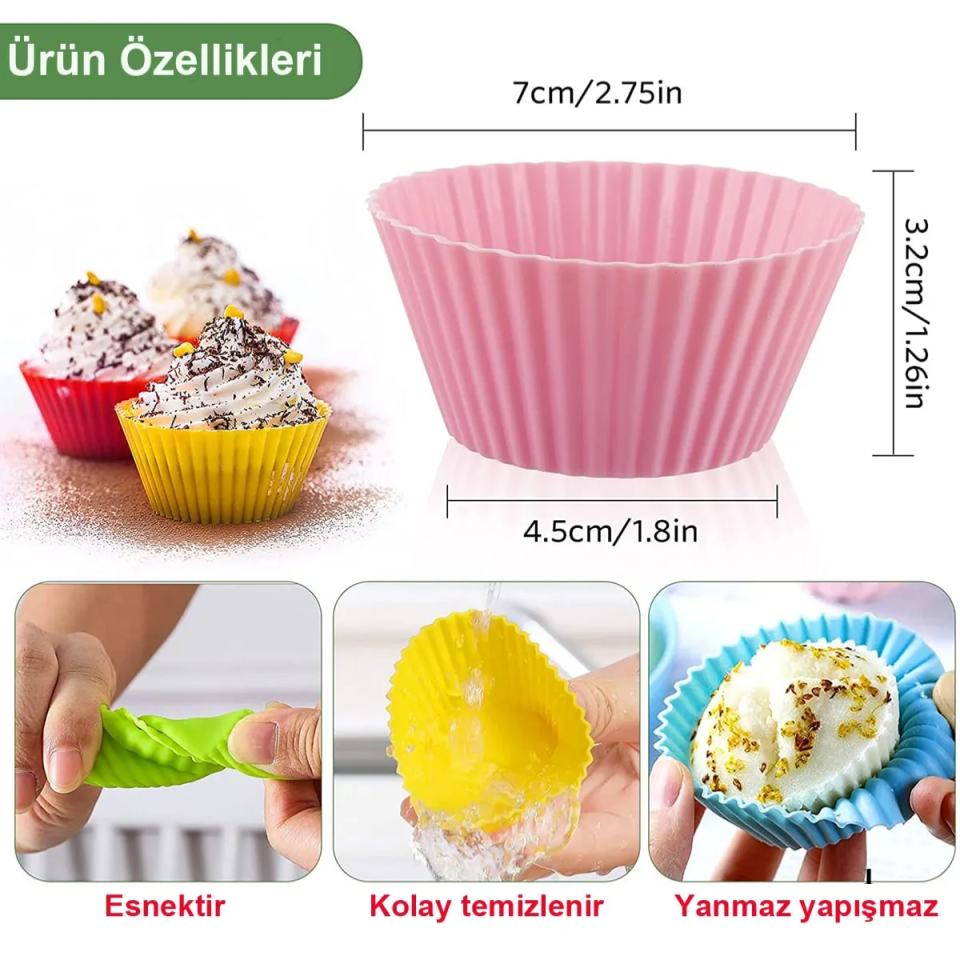 Mucit Home  12 Adet Silikon Muffin  Cupcake,  Browni Mini Kek Kalıbı Renkli